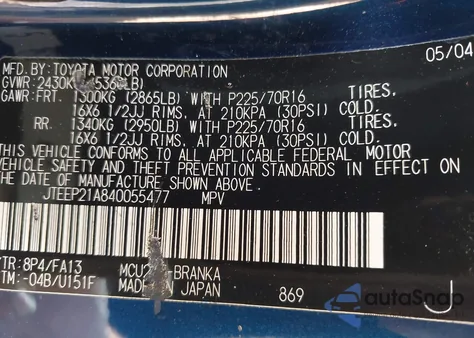 2004 Toyota Highlander V6 from USA, damaged, VIN JTEEP21A840055477